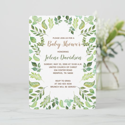 Invitation Baby shower d'aquarelle de feuillage vert Invitati (Debout devant)