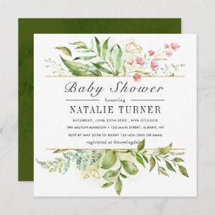 Invitation Baby shower d'aquarelle de feuillage vert sauvage