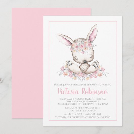 Invitation Baby shower d'aquarelle de fille lapin rose (Devant / Derrière)