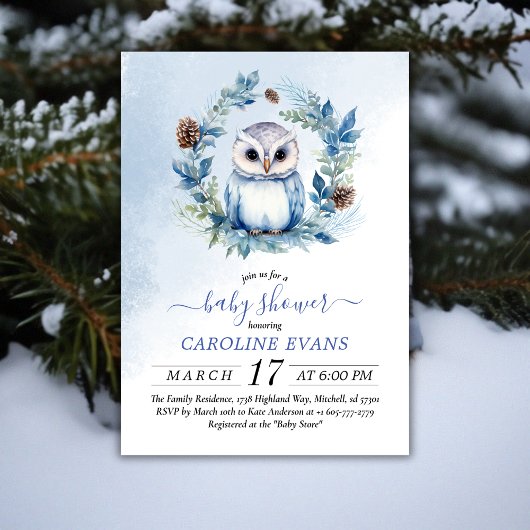 Invitation Baby shower d'aquarelle de la Chouette d'hiver