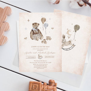 Invitation baby shower d'aquarelle de l'ours en peluche vinta