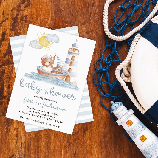 Invitation Baby shower d'aquarelle de l'ours nautique