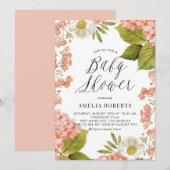 Invitation Baby shower d'aquarelle de pêche rustique Hydrange (Devant / Derrière)