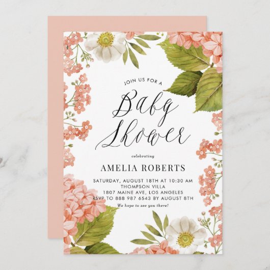 Invitation Baby shower d'aquarelle de pêche rustique Hydrange (Devant / Derrière)