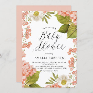 Invitation Baby shower d'aquarelle de pêche rustique Hydrange