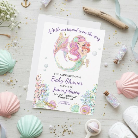 Invitation Baby shower d'aquarelle de petite sirène