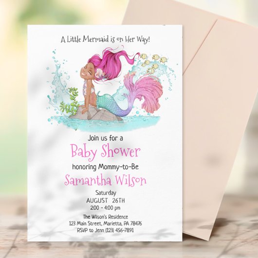 Invitation Baby shower d'aquarelle de petite sirène Brown