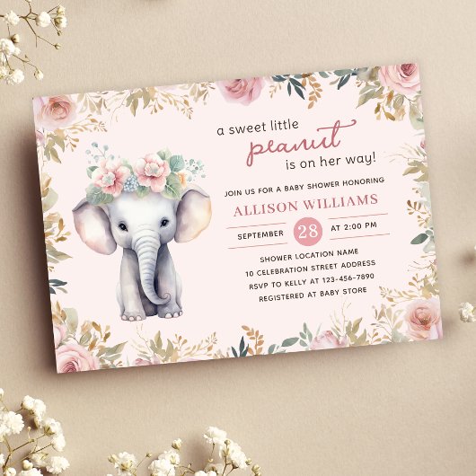 Invitation Baby shower d'aquarelle d'éléphant Floral Girl
