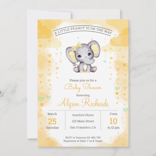Invitation Baby shower d'aquarelle d'éléphant jaune Invitatio (Devant)