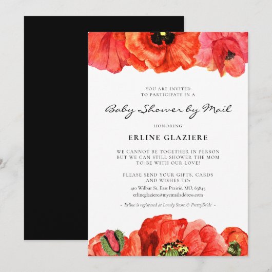 Invitation Baby shower d'aquarelle des pavots rouges par cour (Devant / Derrière)