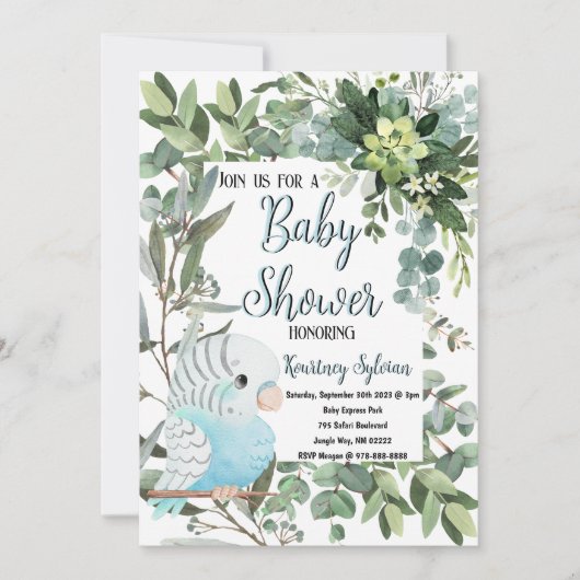 Invitation Baby shower d'aquarelle d'oiseaux de perruques ble (Devant)