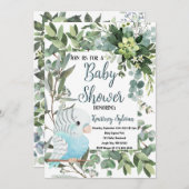 Invitation Baby shower d'aquarelle d'oiseaux de perruques ble (Devant / Derrière)