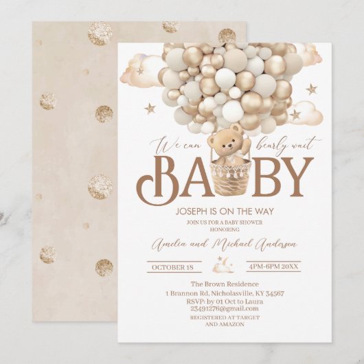 Invitation Baby shower d'aquarelle d'ours en peluche moderne (Devant / Derrière)