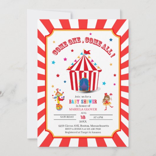 Invitation Baby shower d'aquarelle du Carnaval de cirque (Devant)