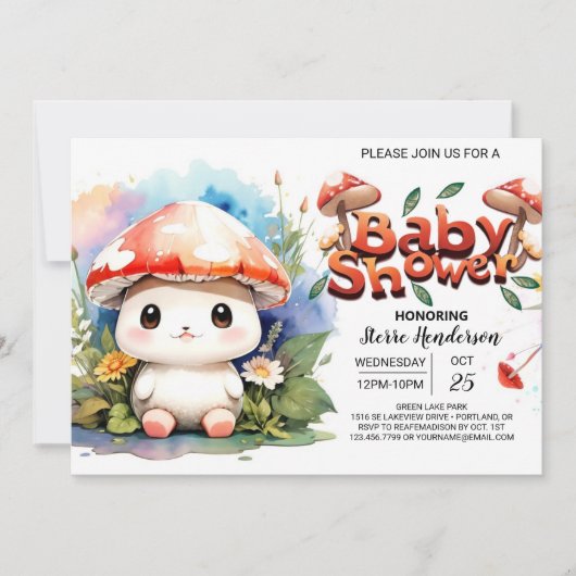 Invitation Baby shower d'aquarelle du jardin des champignons (Devant)
