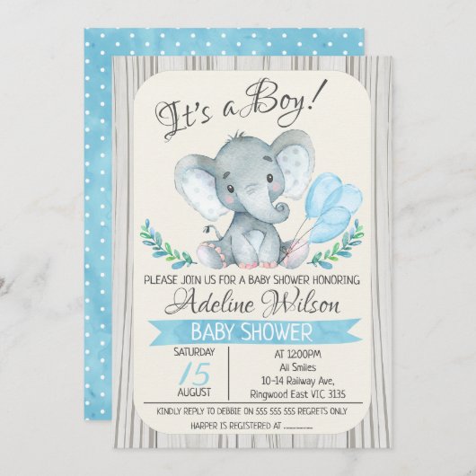 Invitation Baby shower d'aquarelle éléphant (Devant / Derrière)