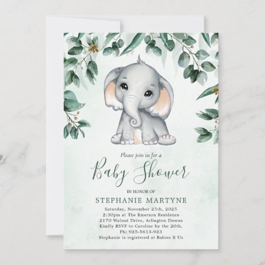 Invitation Baby shower d'aquarelle Elephant Eucalyptus Foliag (Devant)