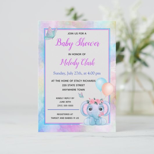 Invitation Baby shower d'aquarelle Eléphant mignon (Debout devant)
