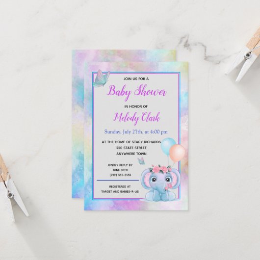 Invitation Baby shower d'aquarelle Eléphant mignon (Devant/Arrière en situation)