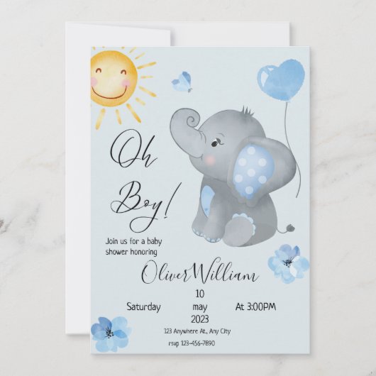 Invitation Baby shower d'aquarelle éléphant pour garçon (Devant)