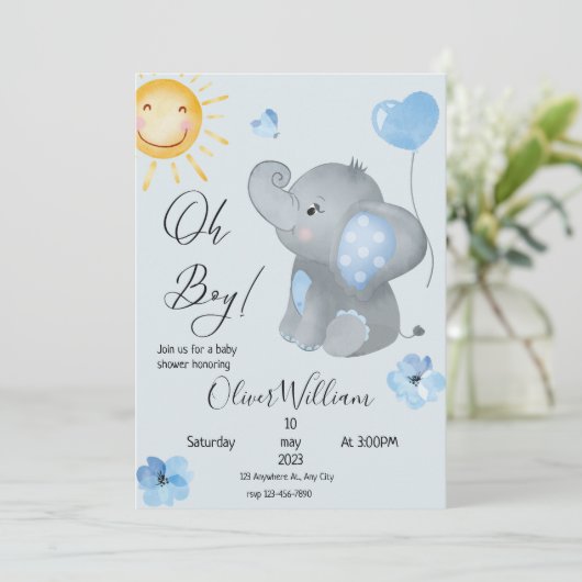 Invitation Baby shower d'aquarelle éléphant pour garçon (Debout devant)