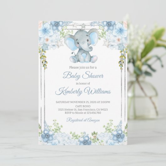 Invitation Baby shower d'aquarelle éléphant pour garçon (Debout devant)