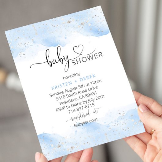 Invitation Baby shower d'aquarelle en argent et bleu