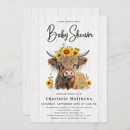 Invitation Baby shower d'aquarelle en bois de vache rustique (Devant / Derrière)