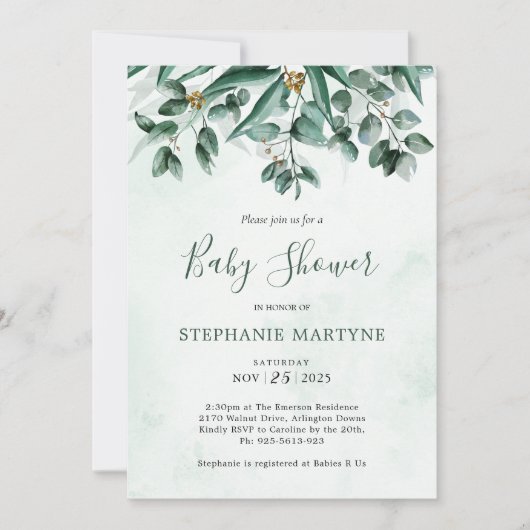 Invitation Baby shower d'aquarelle Eucalyptus Foliage (Devant)