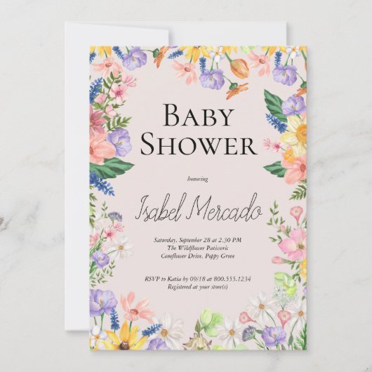 Invitation Baby shower d'aquarelle fleur sauvage (Devant)