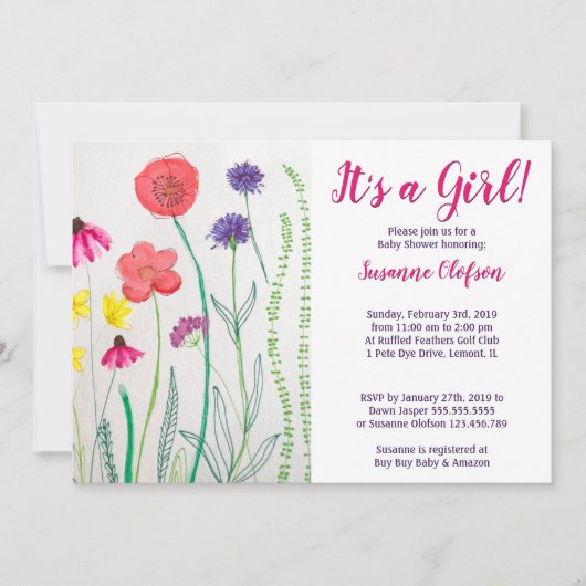 Invitation Baby shower d'aquarelle fleur sauvage (Devant)