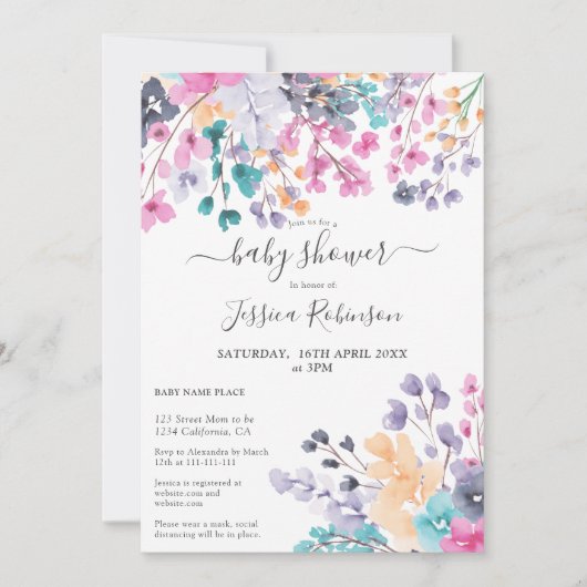 Invitation Baby shower d'aquarelle fleurie (Devant)
