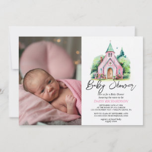 Invitation Baby shower d'aquarelle fleurie de l'église rose
