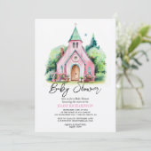 Invitation Baby shower d'aquarelle fleurie de l'église rose (Debout devant)