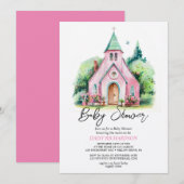 Invitation Baby shower d'aquarelle fleurie de l'église rose (Devant / Derrière)