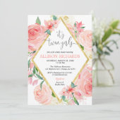 Invitation Baby shower d'aquarelle fleurie or rose pour fille (Debout devant)