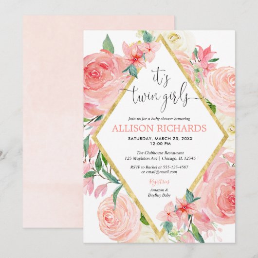 Invitation Baby shower d'aquarelle fleurie or rose pour fille (Devant / Derrière)