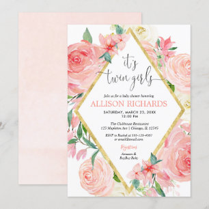 Invitation Baby shower d'aquarelle fleurie or rose pour fille