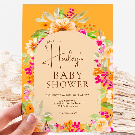 Invitation Baby shower d'aquarelle fleurie Orange Country