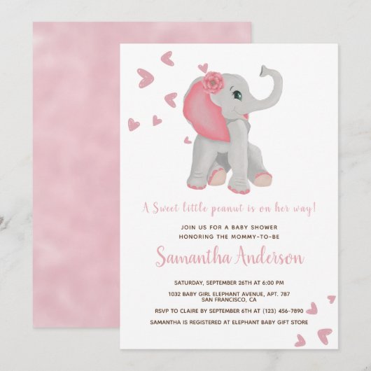 Invitation Baby shower d'aquarelle fleurie rose joli Eléphant (Devant / Derrière)