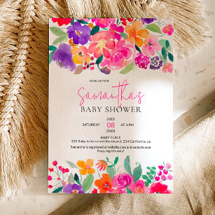 Invitation Baby shower d'aquarelle fleurie rose vif