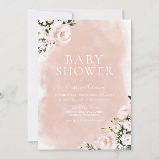 Invitation Baby shower d'aquarelle florale blanc et blanc (Devant)
