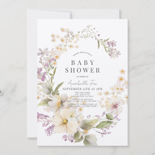 Invitation Baby shower d'aquarelle florale blanc et violet (Devant)