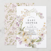 Invitation Baby shower d'aquarelle florale blanc et violet (Devant / Derrière)