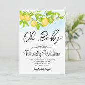 Invitation Baby shower d'aquarelle florale citrons jaune bleu (Debout devant)