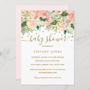 Invitation Baby shower d'aquarelle florale de broche d'or