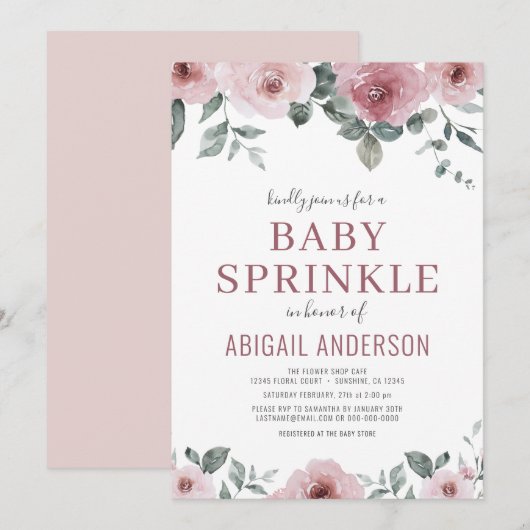 Invitation Baby shower d'aquarelle florale Dusty Rose Mauve (Devant / Derrière)