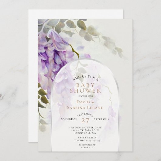 Invitation Baby shower d'aquarelle florale moderne Wisteria (Devant / Derrière)