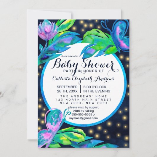Invitation Baby shower d'aquarelle florale papillon de la Mar (Devant)