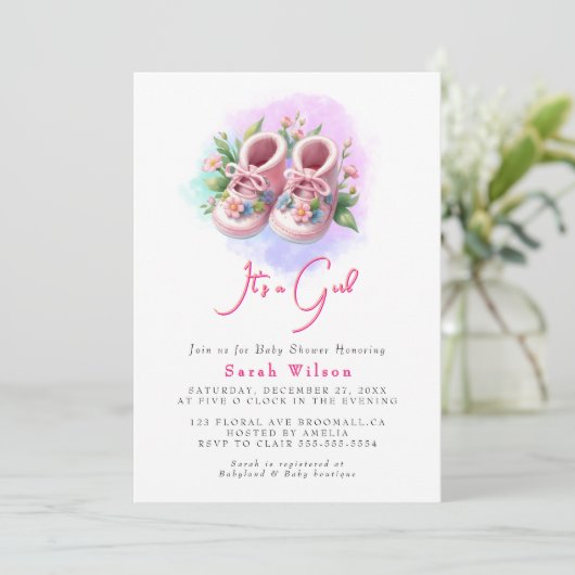 Invitation Baby shower d'aquarelle florale pour bébés roses (Debout devant)